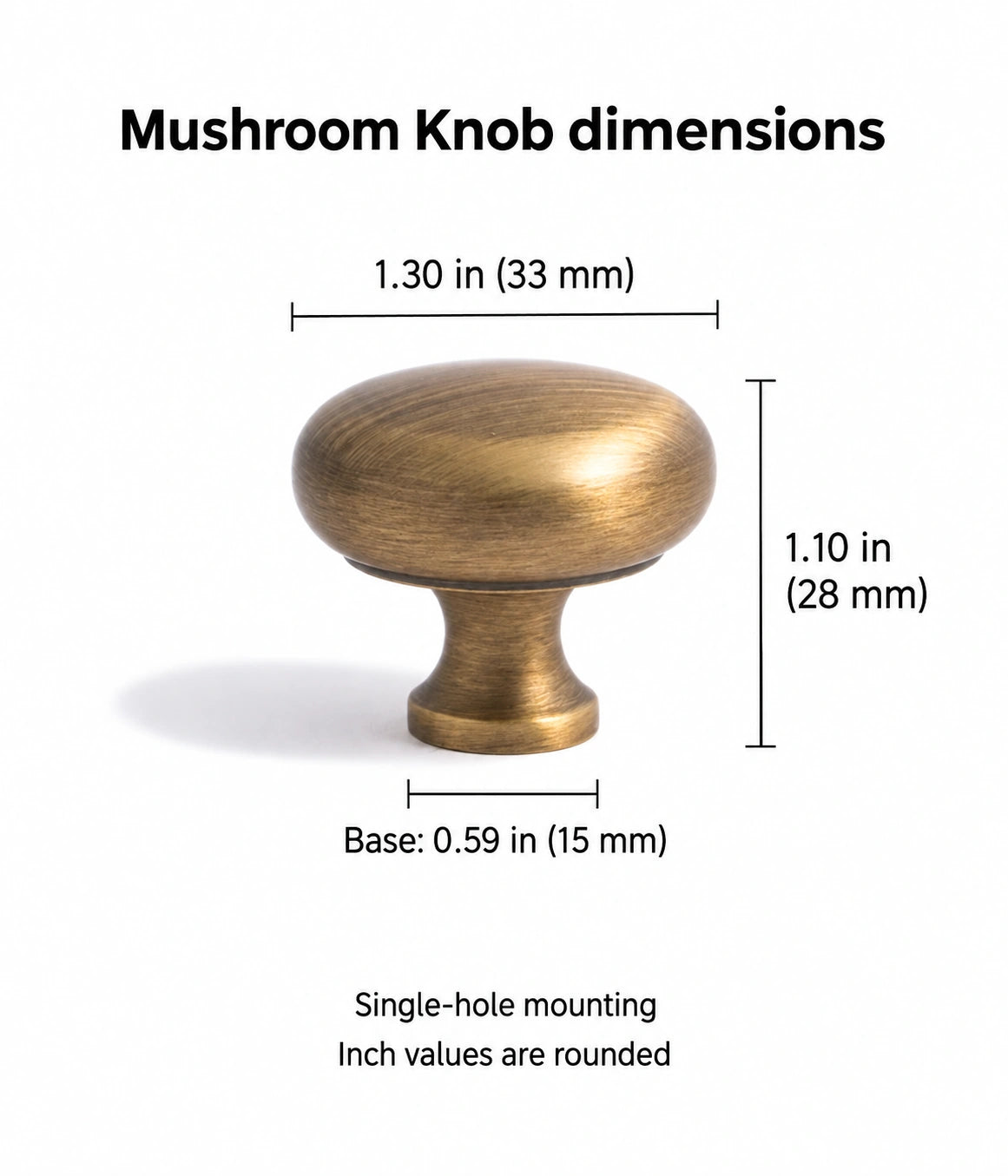 Mushroom knob dimensions: 1.30 in (33 mm) diameter and 1.10 in (28 mm) projection