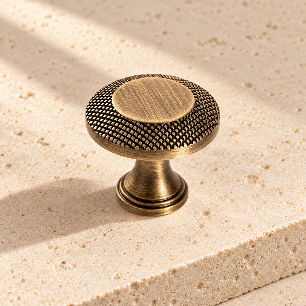 antique brass knurled rim knob on pale limestone.