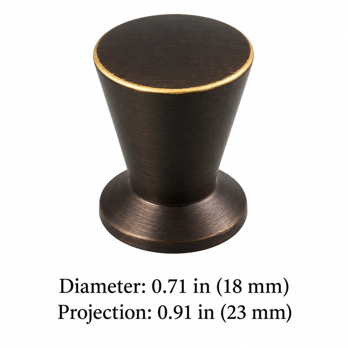 Tapered knob dimensions: 0.71 in (18 mm) diameter and 0.91 in (23 mm) projection