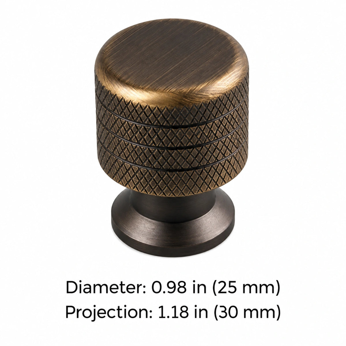 Knurled knob dimensions: 0.98 in (25 mm) diameter and 1.18 in (30 mm) projection