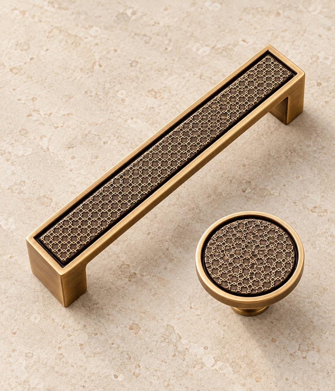 Antique Brass Lattice Cabinet Pulls, Knob & Pendant on warm limestone