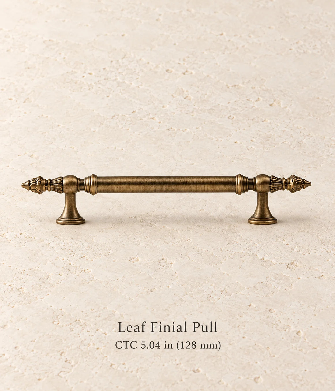 Antique brass leaf finial cabinet pull, 5.04 inch (128 mm) center-to-center mounting holes