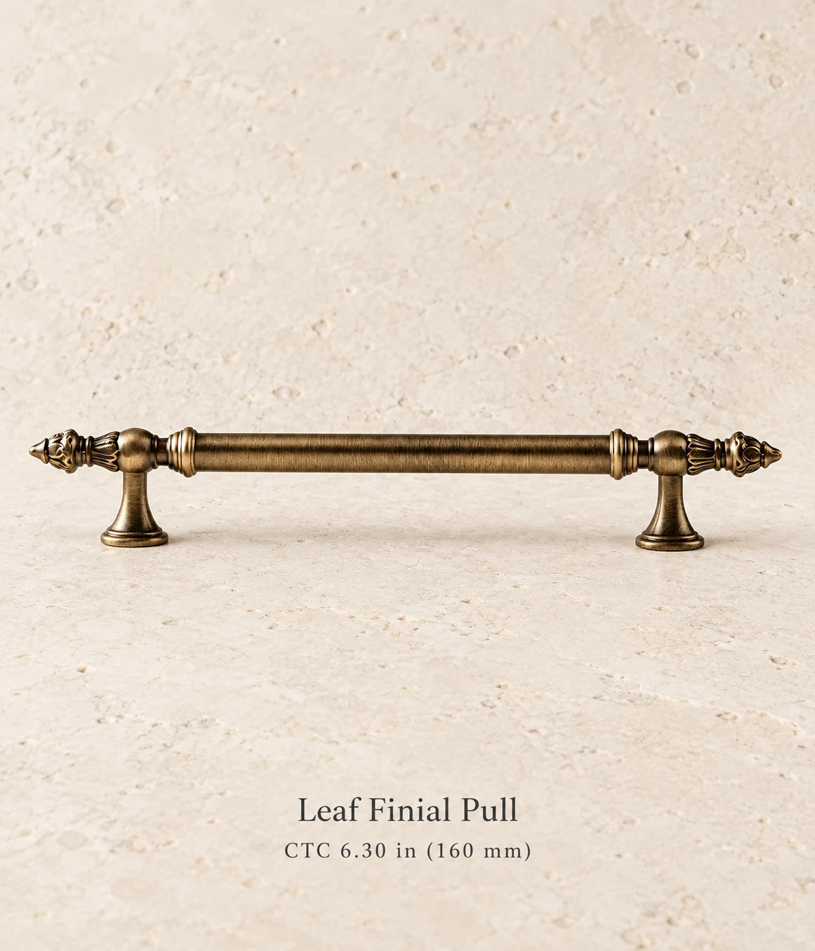 Antique brass leaf finial cabinet pull, 6.30 inch (160 mm) center-to-center mounting holes