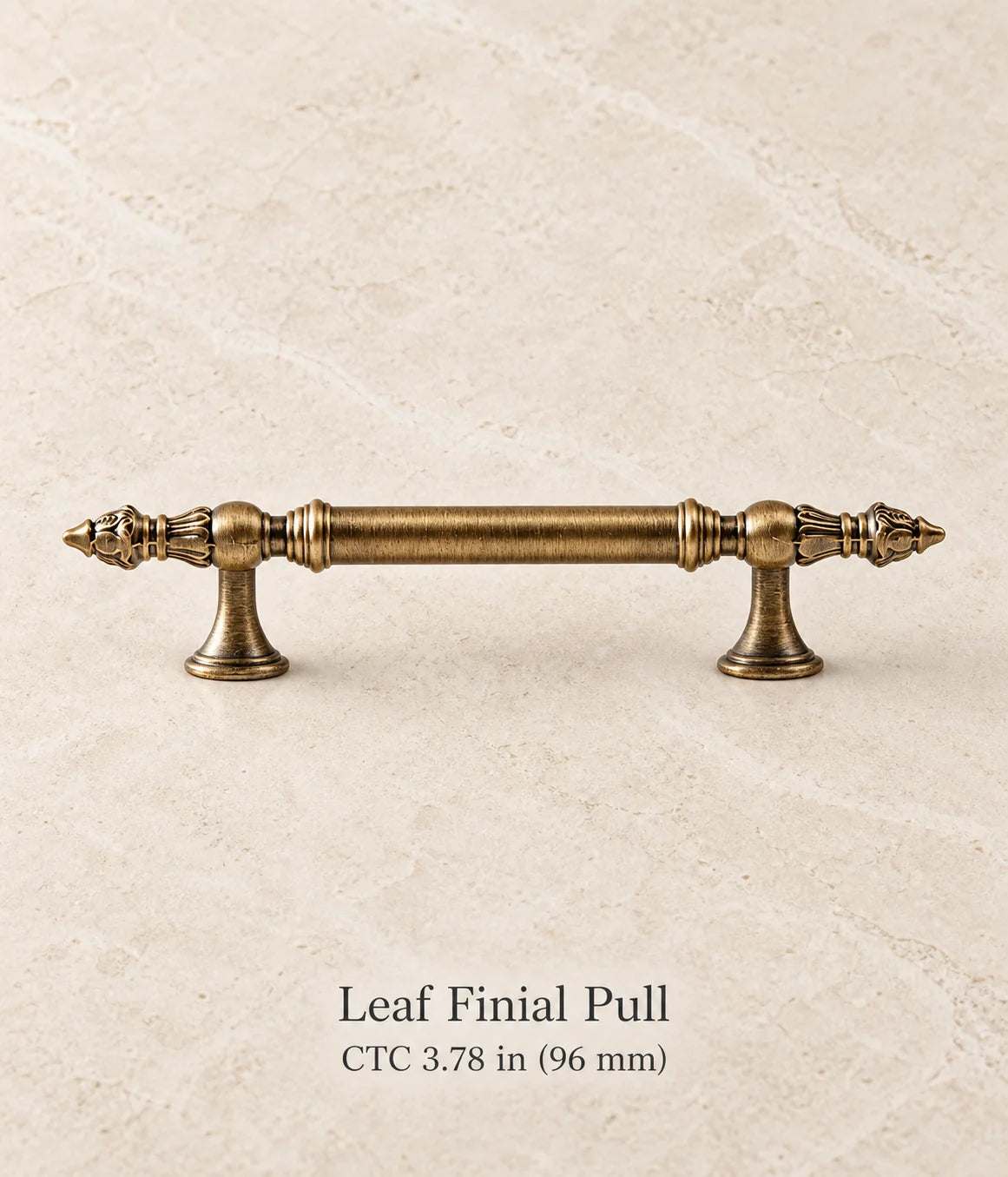 Antique brass leaf finial cabinet pull, 3.78 inch (96 mm) center-to-center mounting holes