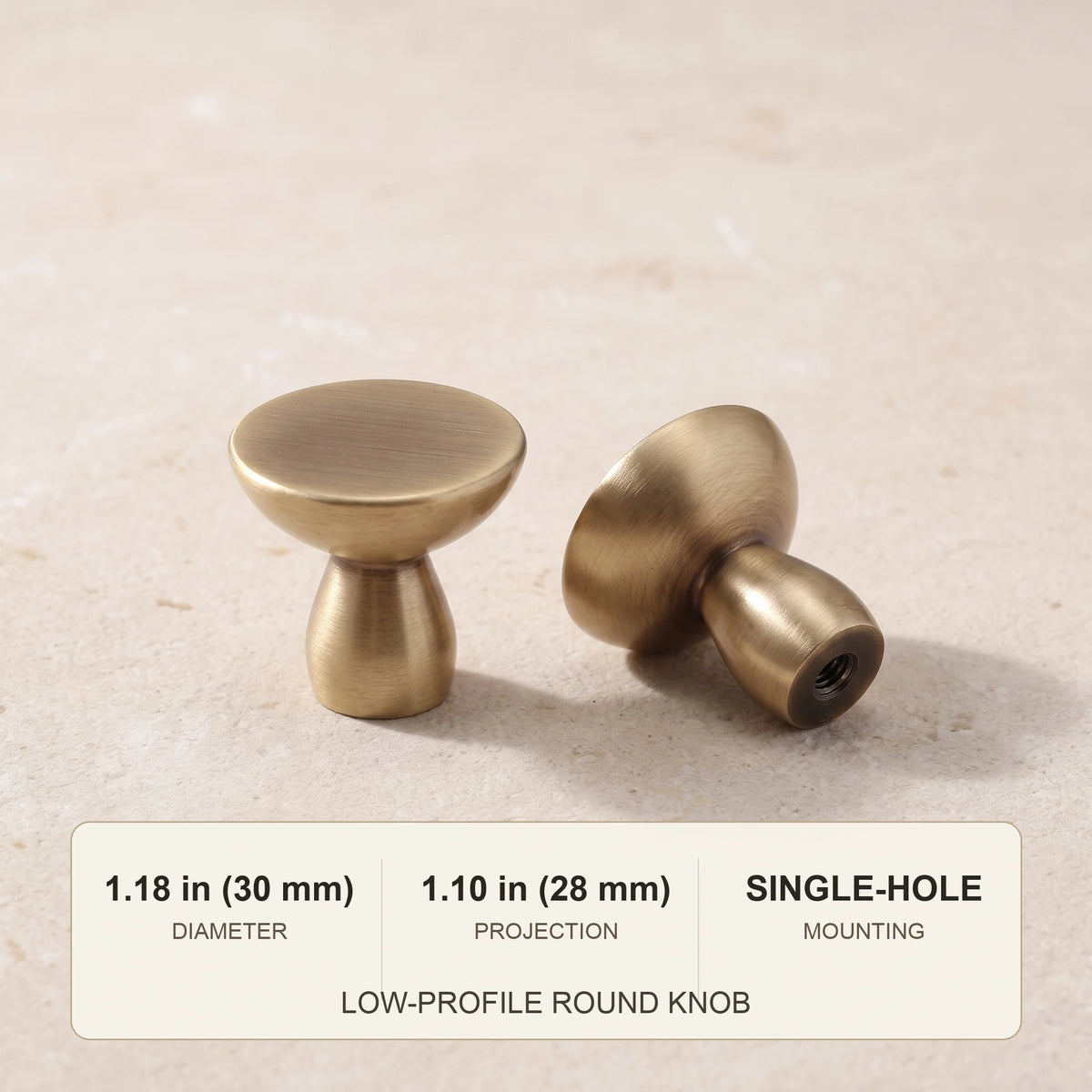Antique brass round cabinet knob dimensions: 1.18 in diameter and 1.10 in projection