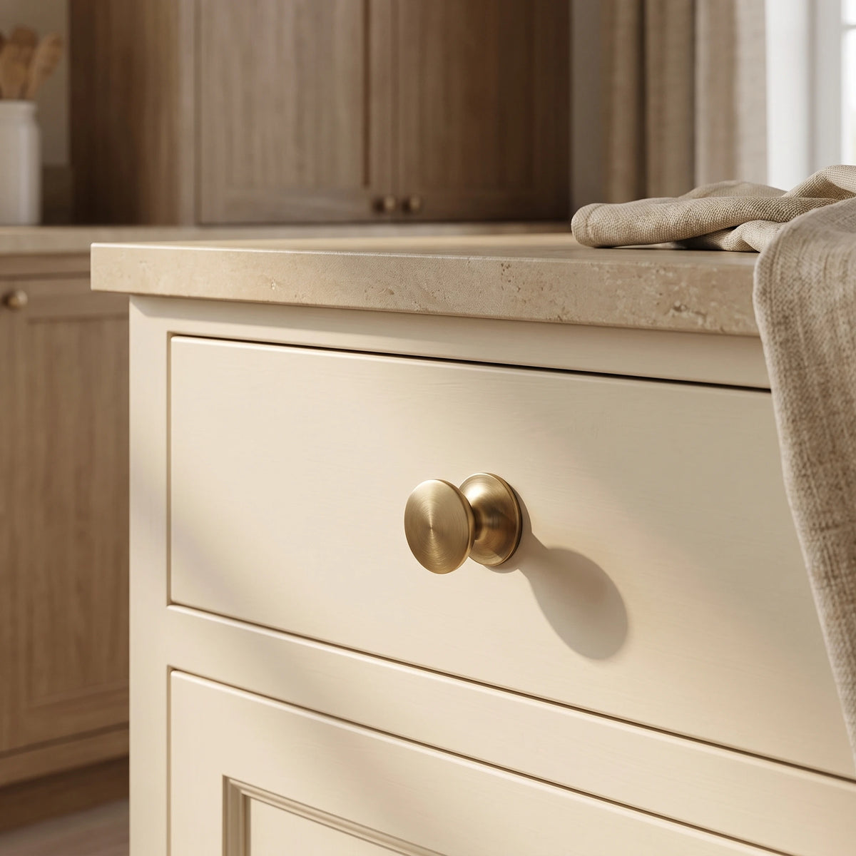 Antique brass low-profile cabinet knob installed on a cream drawer