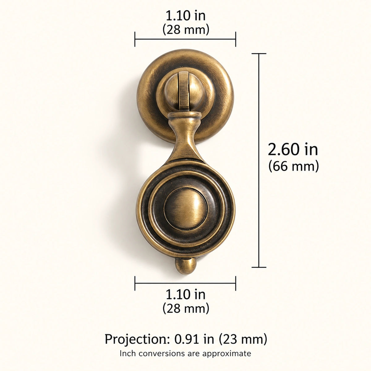 Medallion drop pull dimensions: 2.60 in (66 mm) long, 1.10 in (28 mm) wide and 0.91 in (23 mm) projection