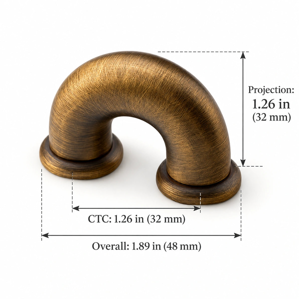 Mini arch pull with 1.26 in (32 mm) CTC and 1.89 in (48 mm) overall dimensions