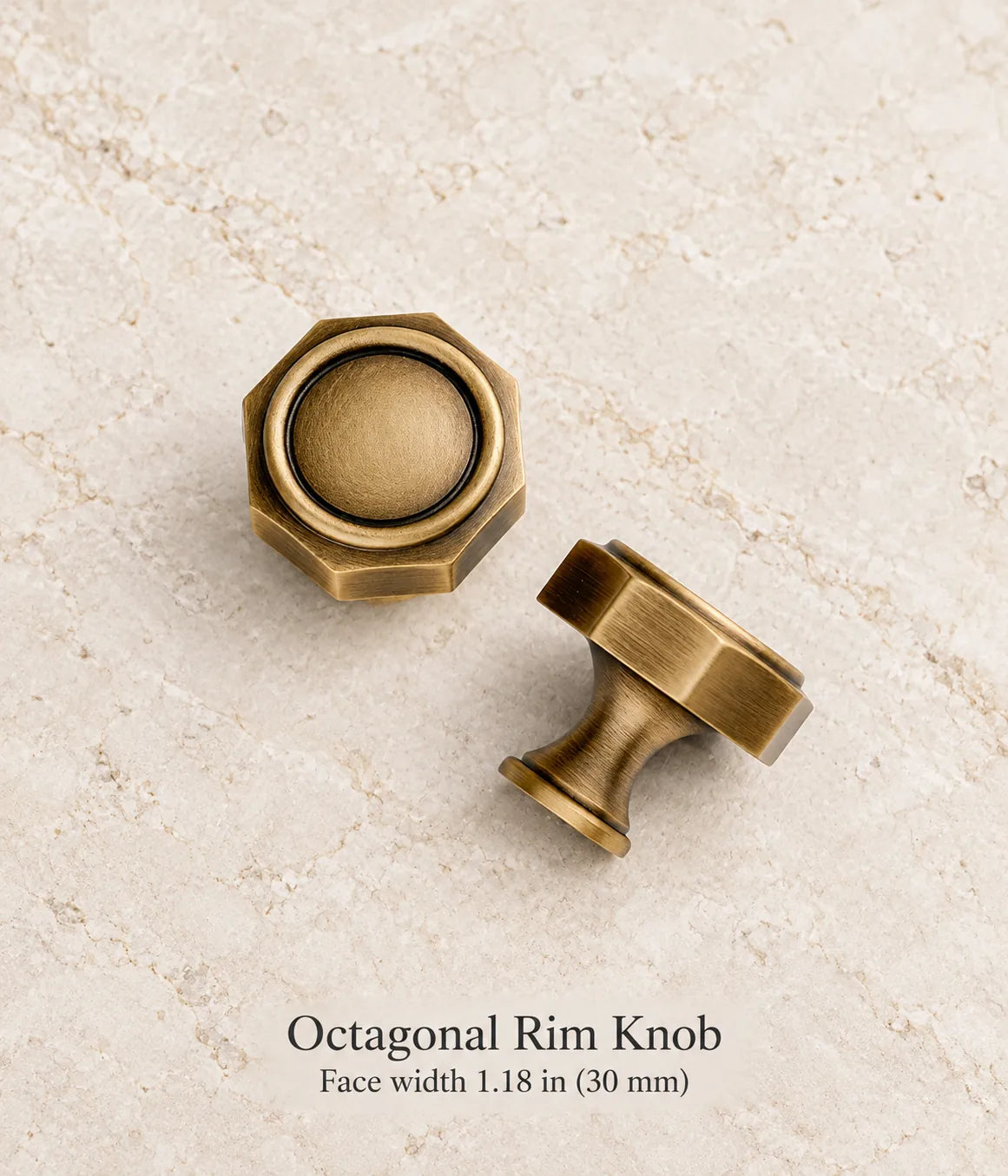 Octagonal Rim Knob in antique brass, face width 1.18 in (30 mm)