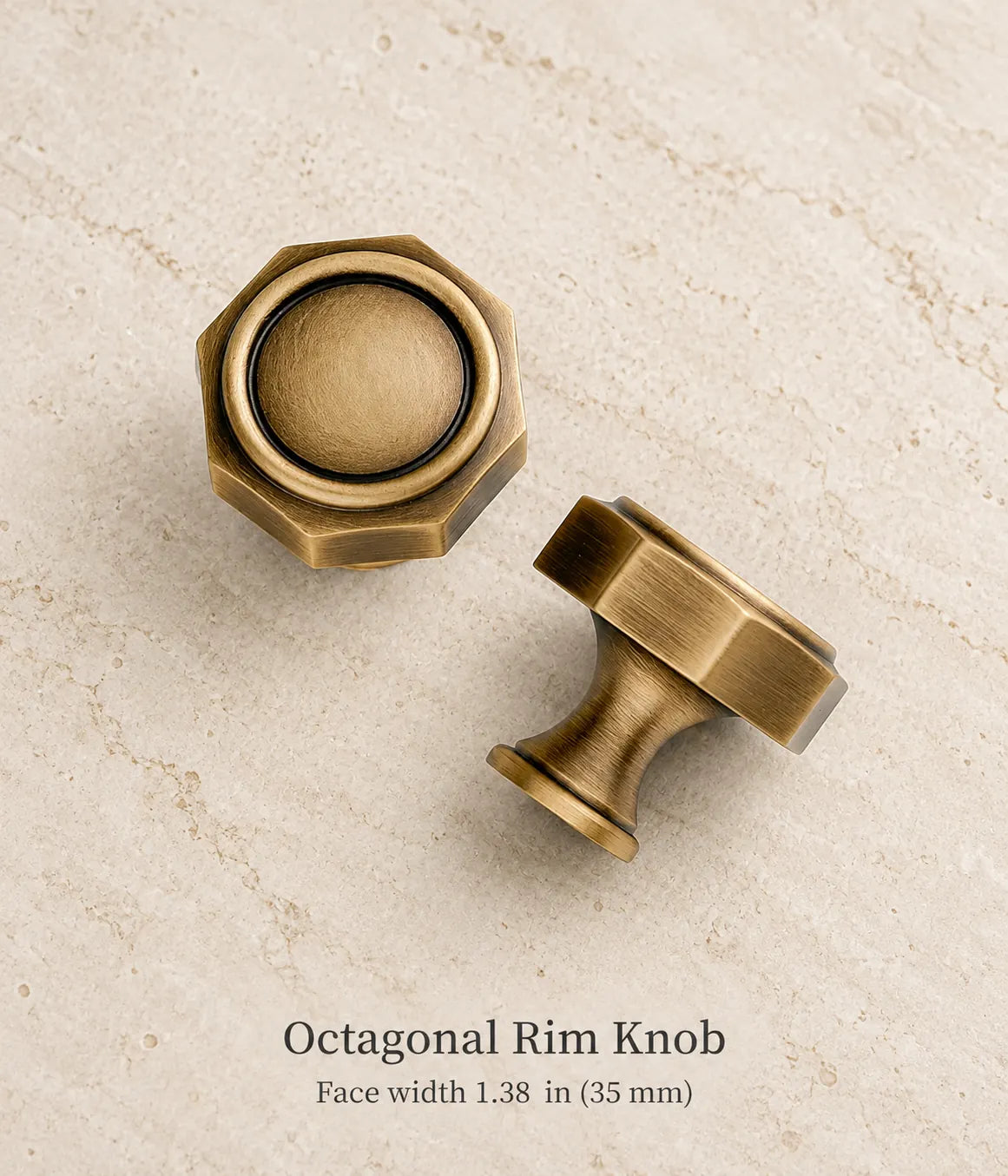 Octagonal Rim Knob in antique brass, face width 1.38 in (35 mm)
