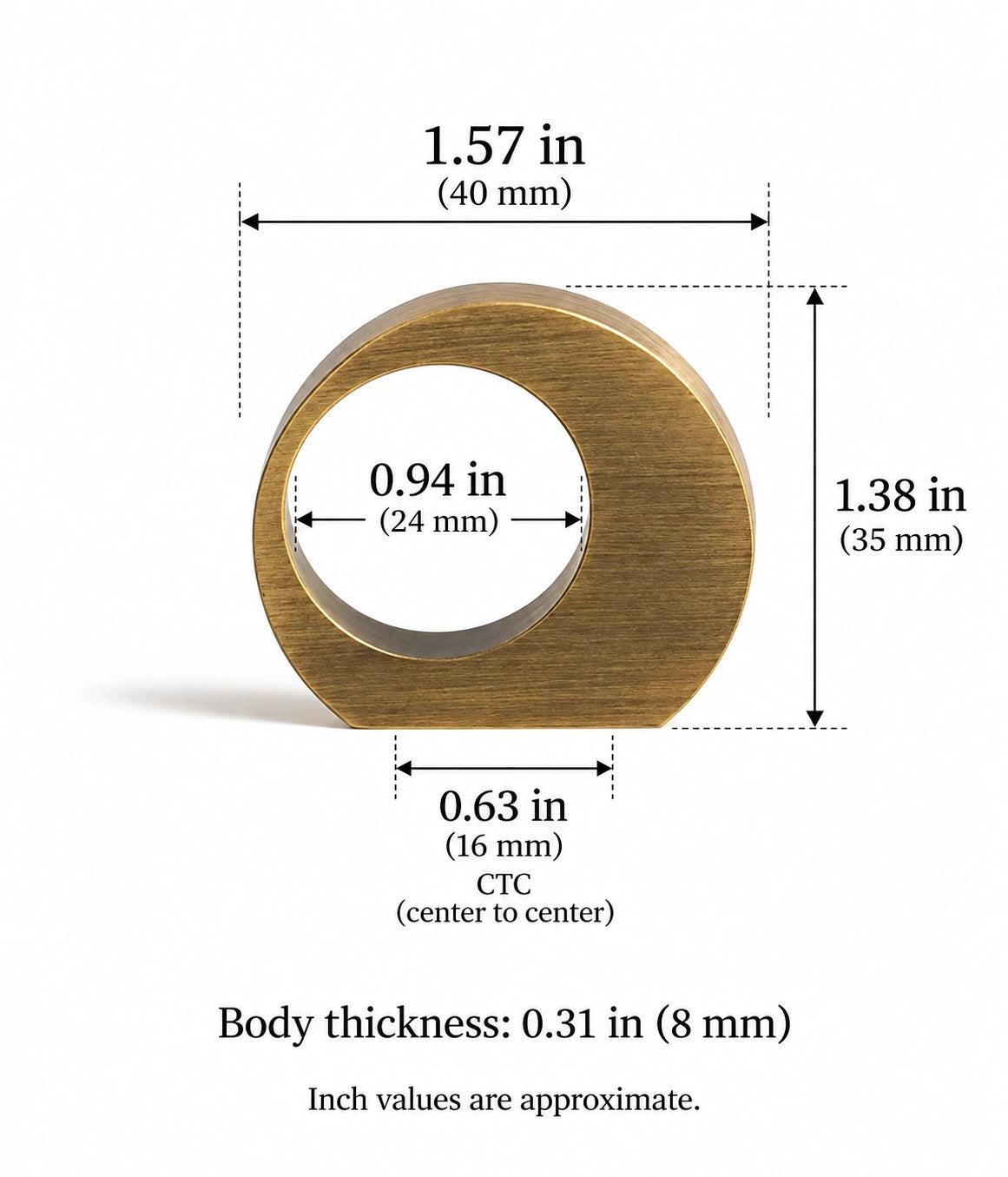 Offset ring pull dimensions: 0.63 in (16 mm) CTC, 1.57 in (40 mm) width and 1.38 in (35 mm) height