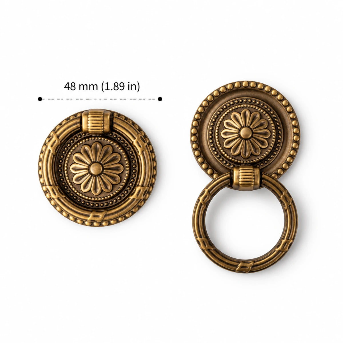 Antique brass floral ring pull, 48 mm face diameter with dimensions in inches and mm