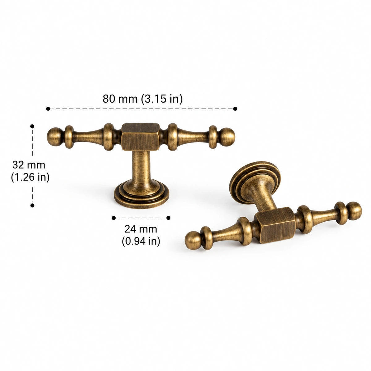 Antique brass T-knob, 80 mm overall length with dimensions in inches and mm