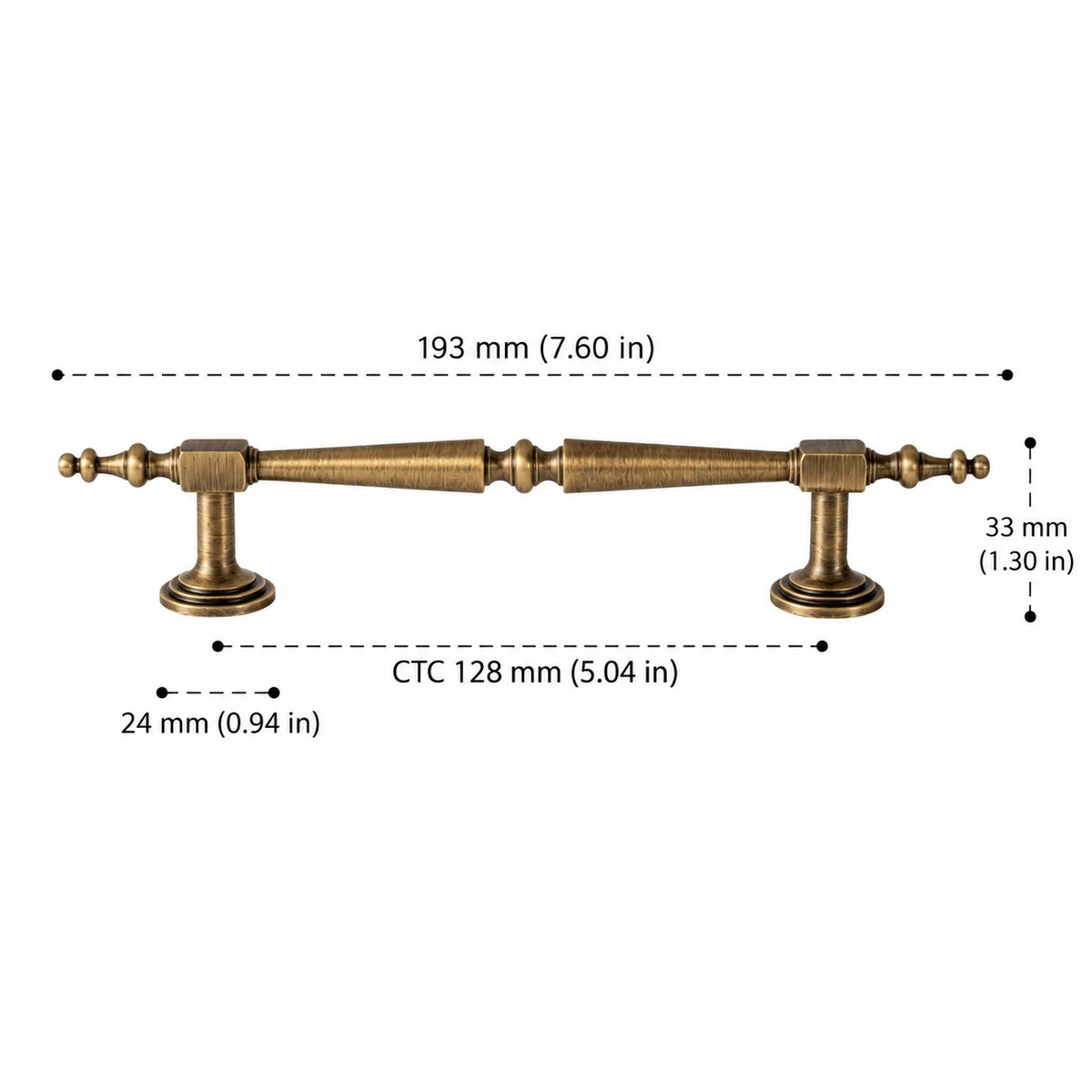 Antique brass ornate cabinet pull, 128 mm CTC with dimensions in inches and mm