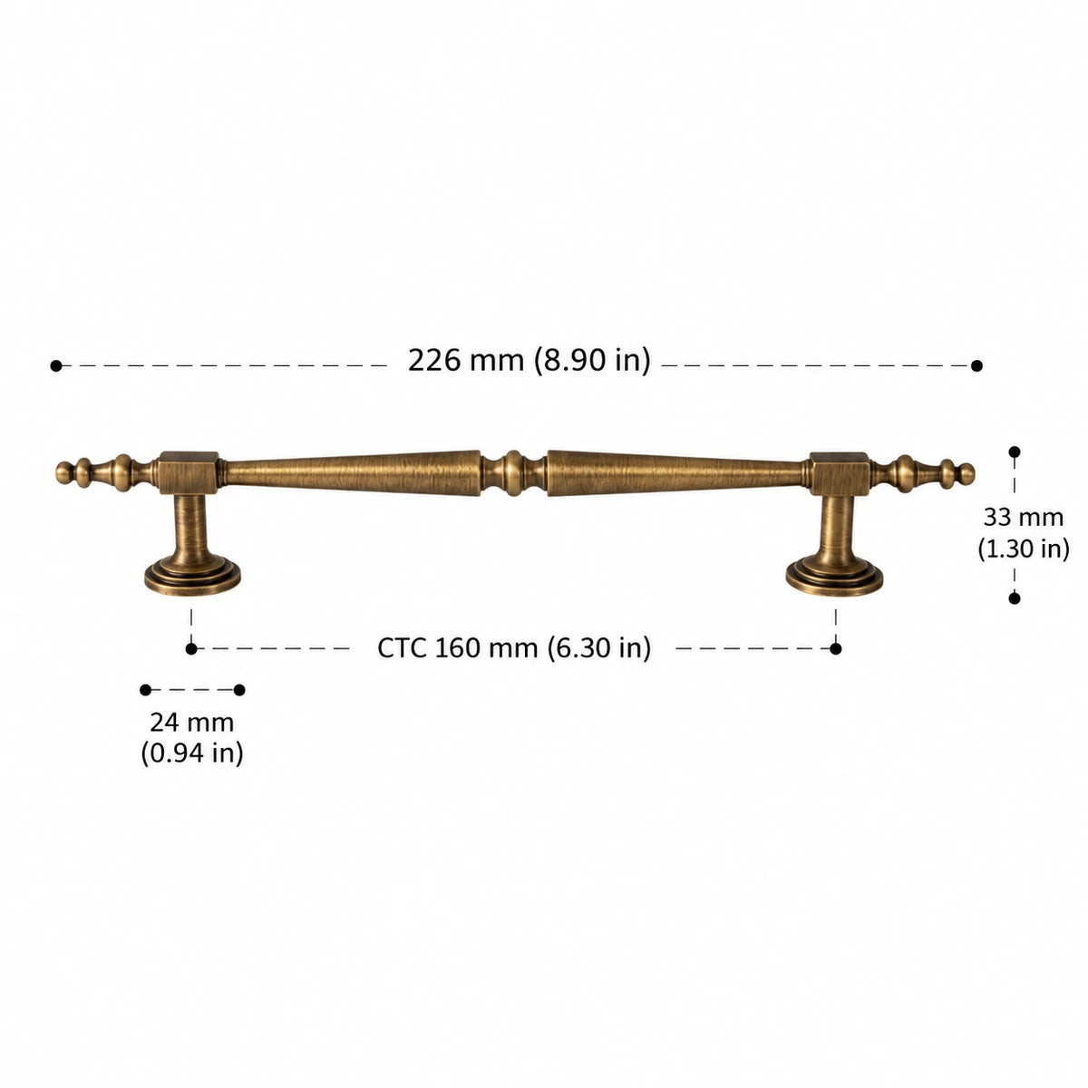 Antique brass ornate cabinet pull, 160 mm CTC with dimensions in inches and mm