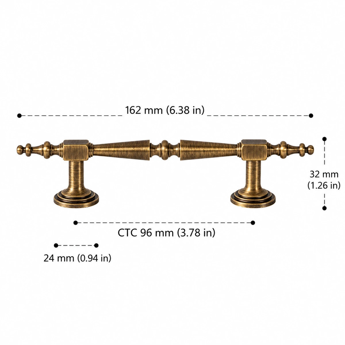 Antique brass ornate cabinet pull, 96 mm CTC with dimensions in inches and mm