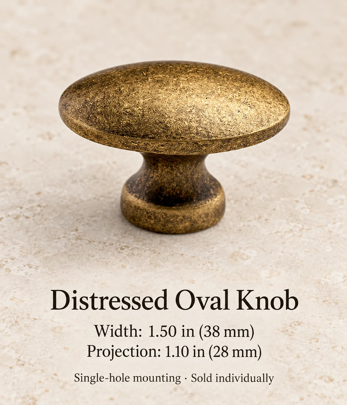 Antique brass distressed oval knob, width: 1.50 in (38 mm)