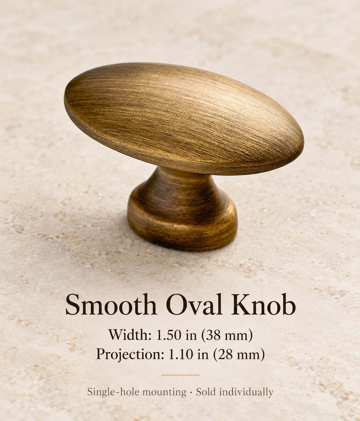 Antique brass smooth oval knob, width: 1.50 in (38 mm)