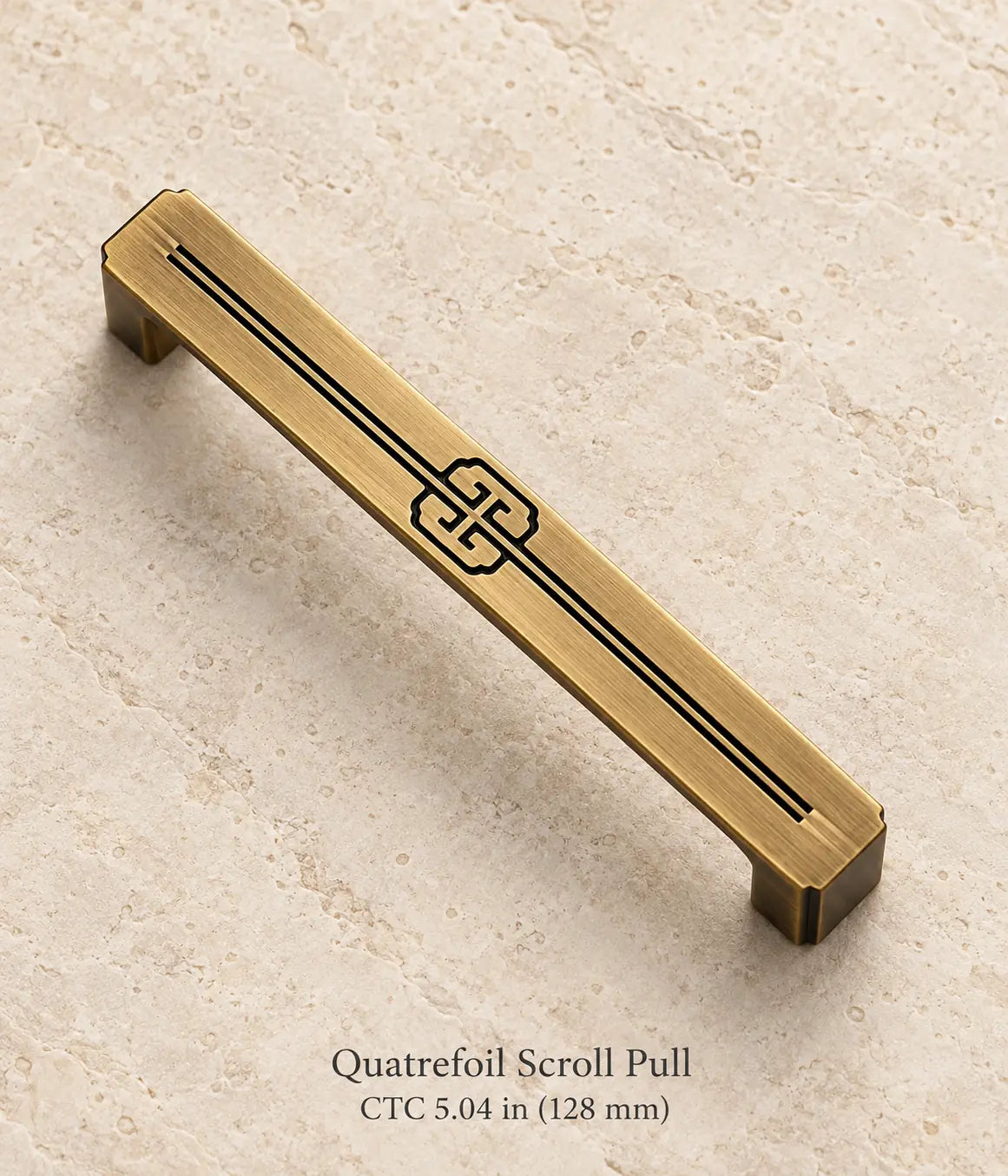 Antique brass quatrefoil scroll cabinet pull, 5.04 inch (128 mm) center-to-center mounting holes