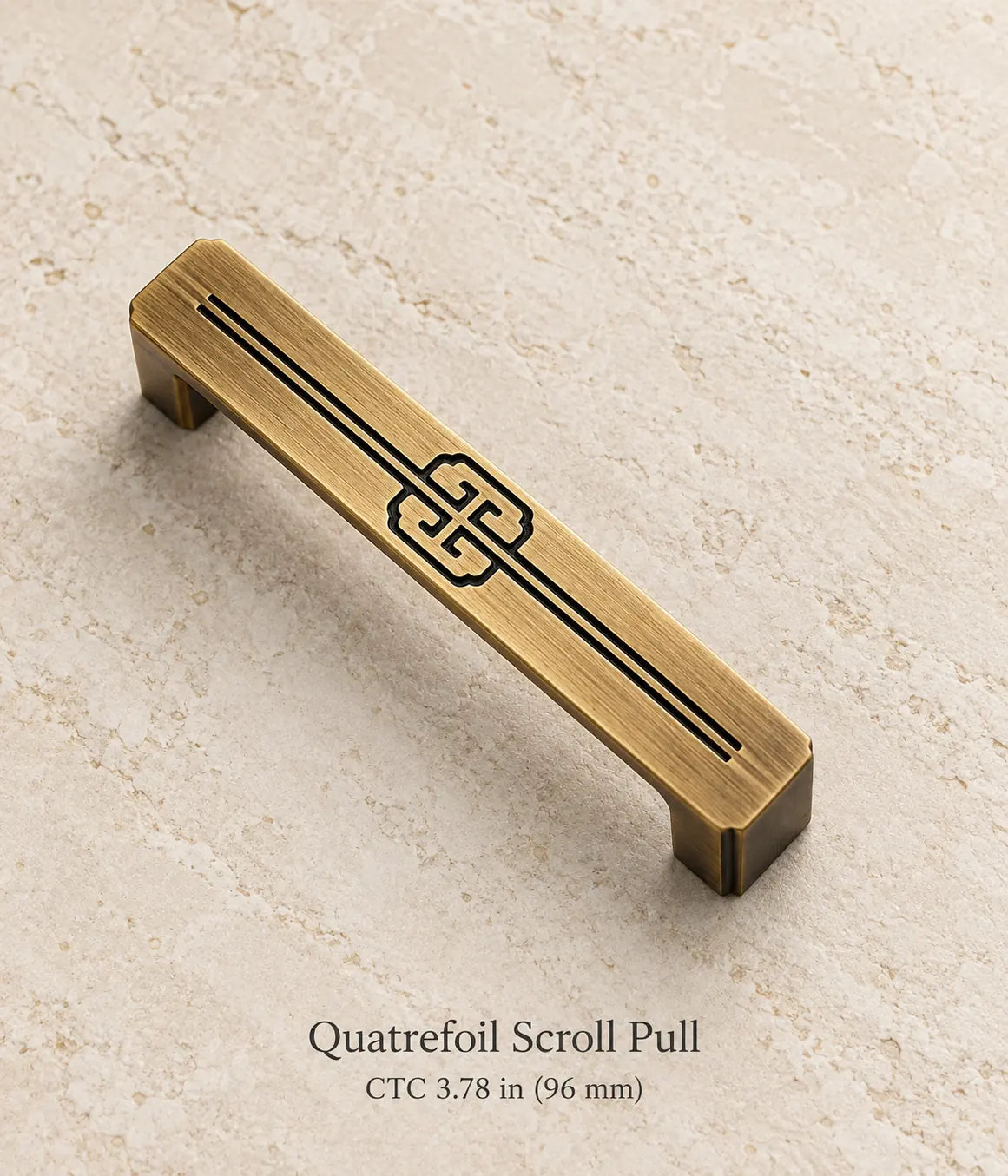 Antique brass quatrefoil scroll cabinet pull, 3.78 inch (96 mm) center-to-center mounting holes