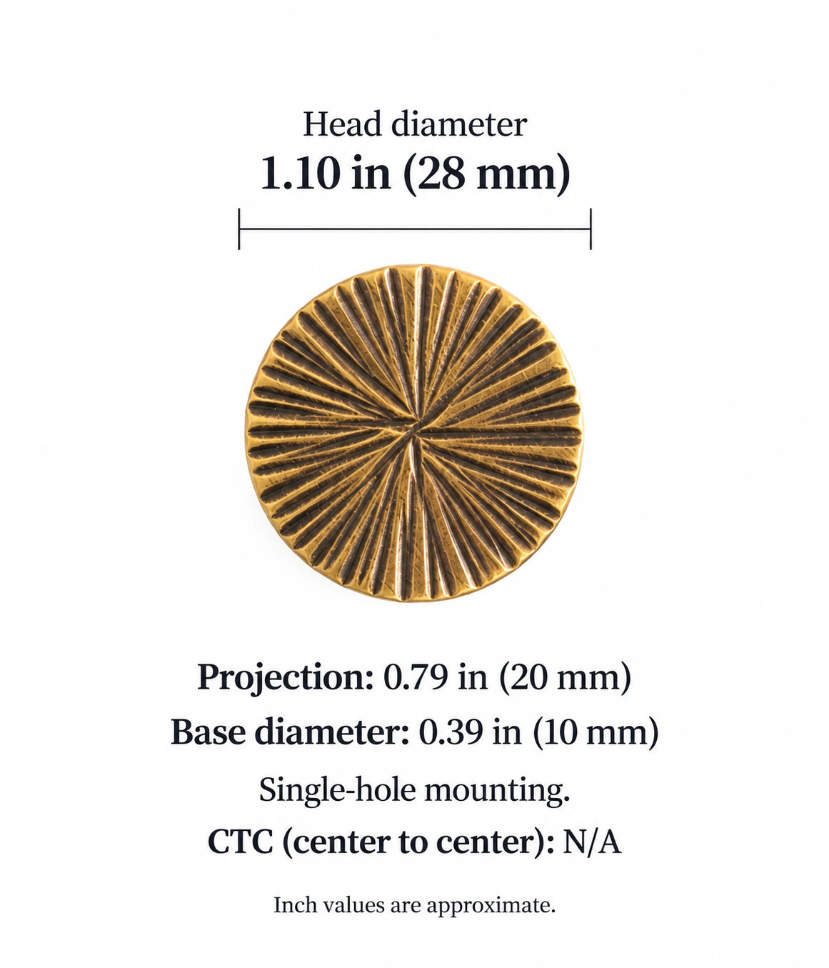 Radial brass knob dimensions: 1.10 in (28 mm) diameter and 0.79 in (20 mm) projection