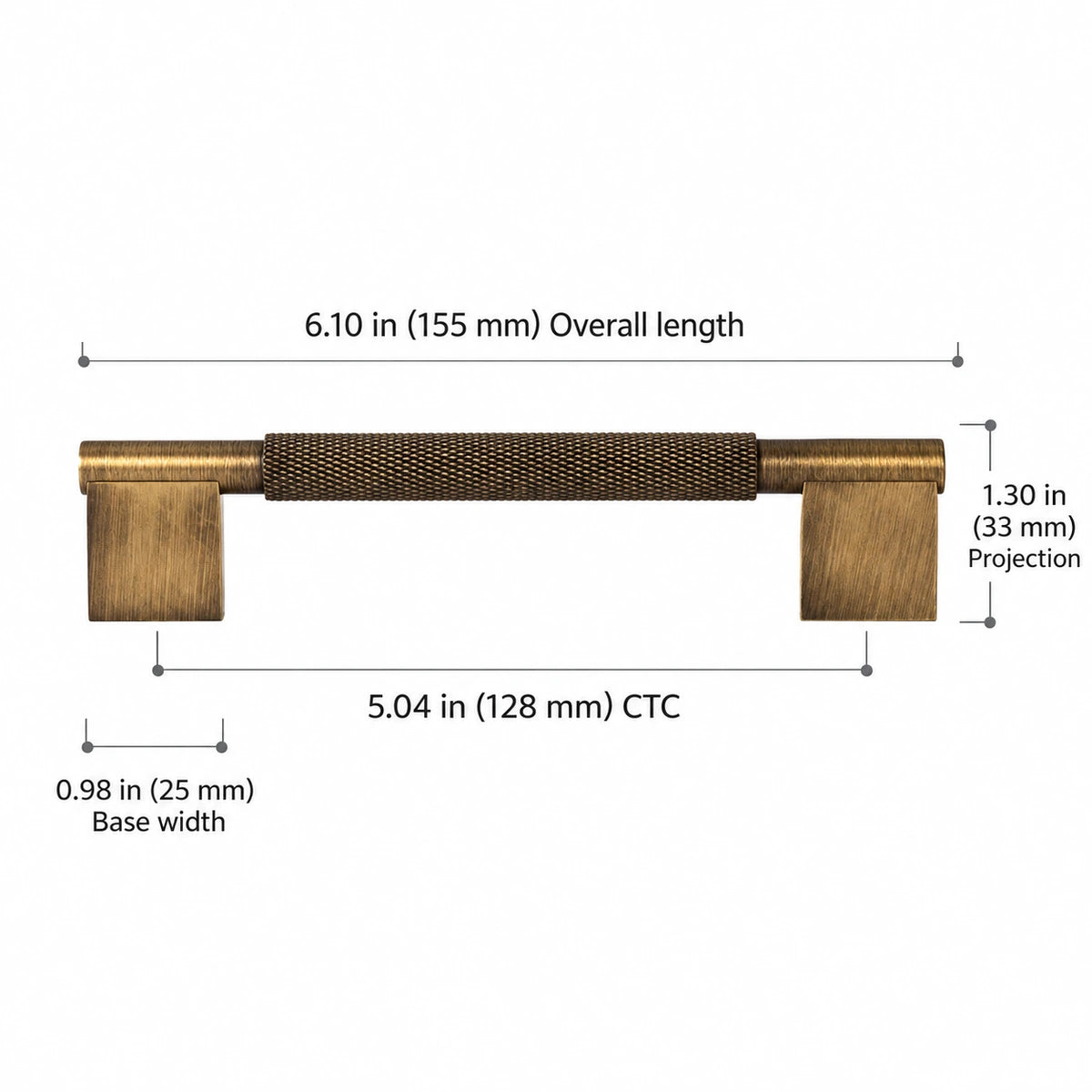 Rectangular-base knurled pull dimensions: 5.04″ (128 mm) CTC, 6.10″ (155 mm) length, 1.30″ (33 mm) projection and 0.98″ (25 mm) base width