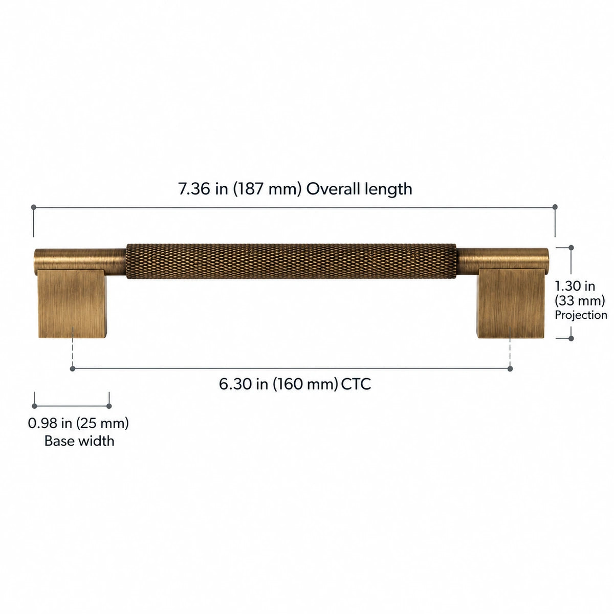 Rectangular-base knurled pull dimensions: 6.30″ (160 mm) CTC, 7.36″ (187 mm) length, 1.30″ (33 mm) projection and 0.98″ (25 mm) base width