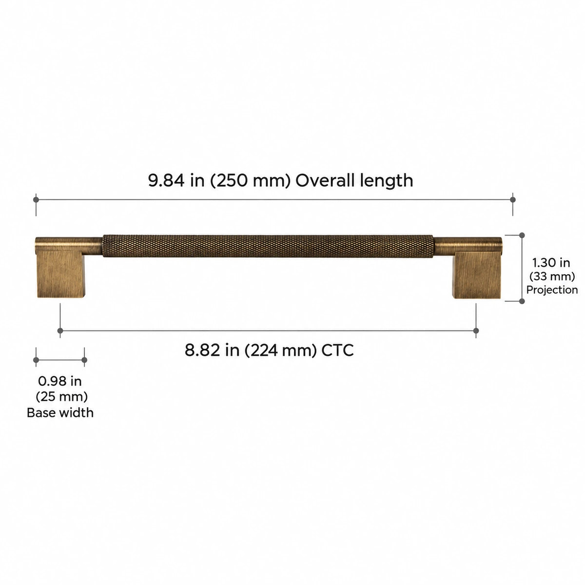 Rectangular-base knurled pull dimensions: 8.82″ (224 mm) CTC, 9.84″ (250 mm) length, 1.30″ (33 mm) projection and 0.98″ (25 mm) base width