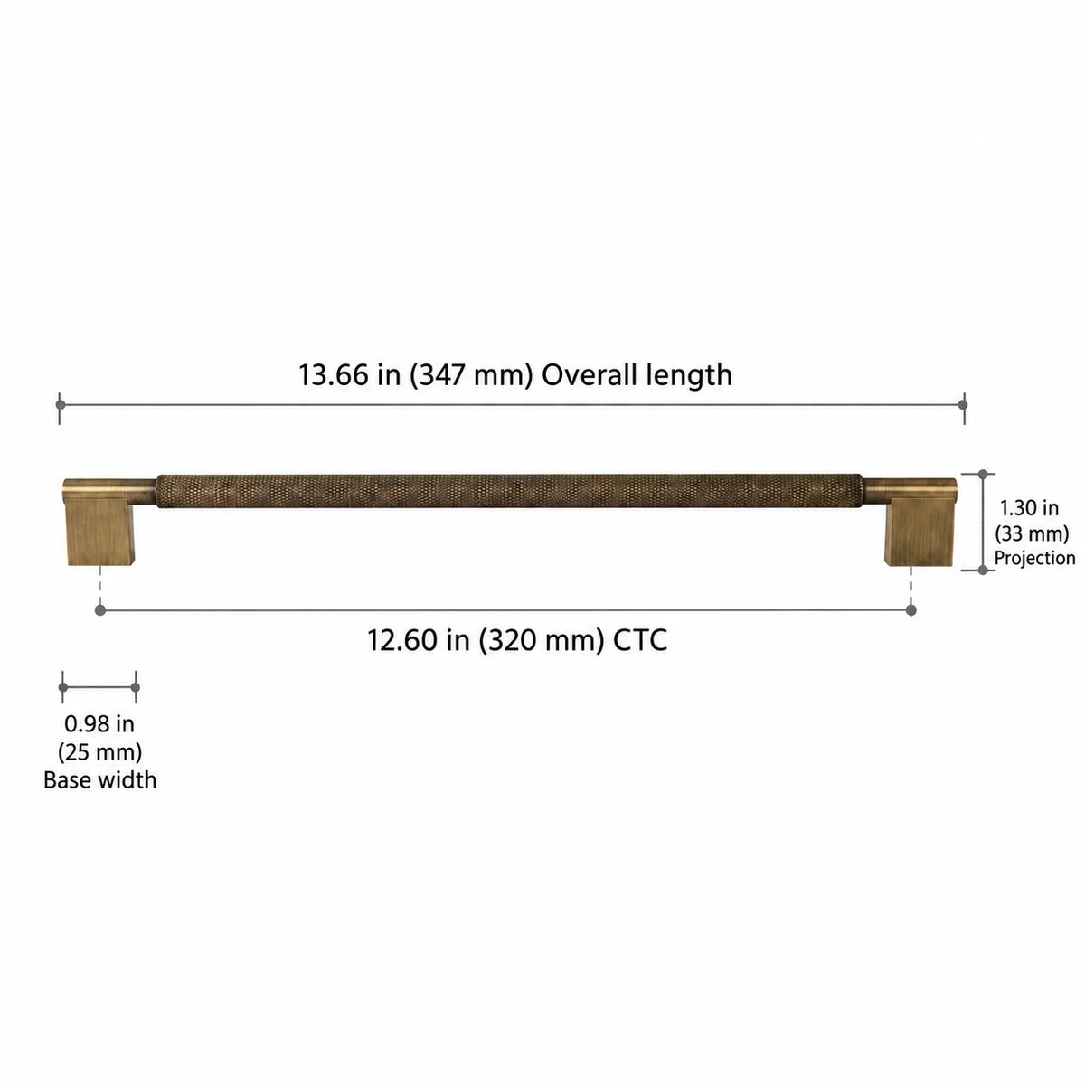 Rectangular-base knurled pull dimensions: 12.60″ (320 mm) CTC, 13.66″ (347 mm) length, 1.30″ (33 mm) projection and 0.98″ (25 mm) base width