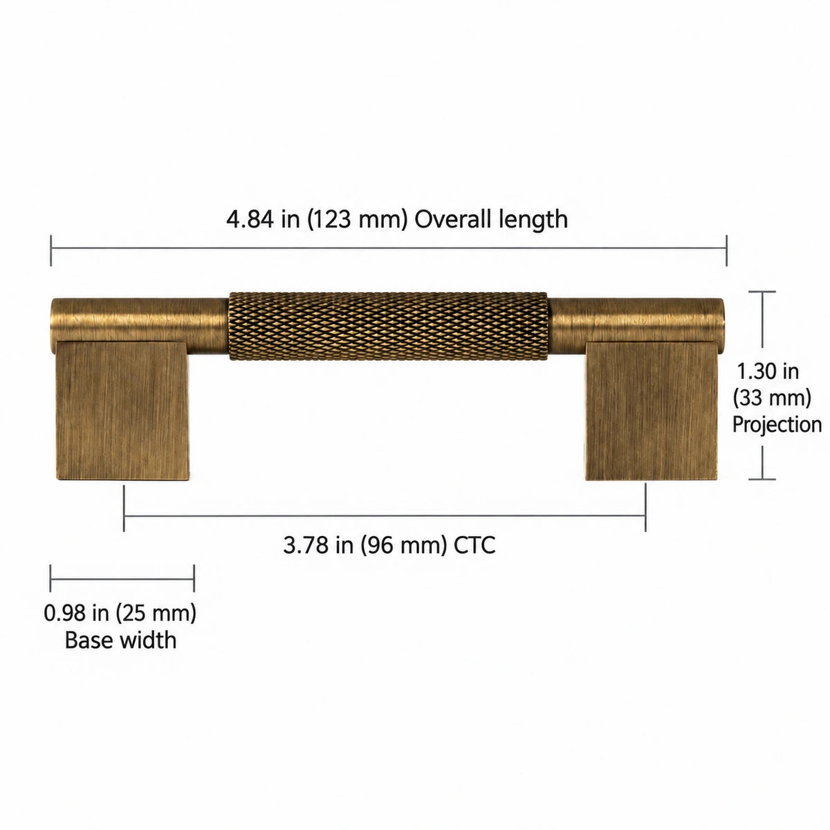 Rectangular-base knurled pull dimensions: 3.78″ (96 mm) CTC, 4.84″ (123 mm) length, 1.30″ (33 mm) projection and 0.98″ (25 mm) base width