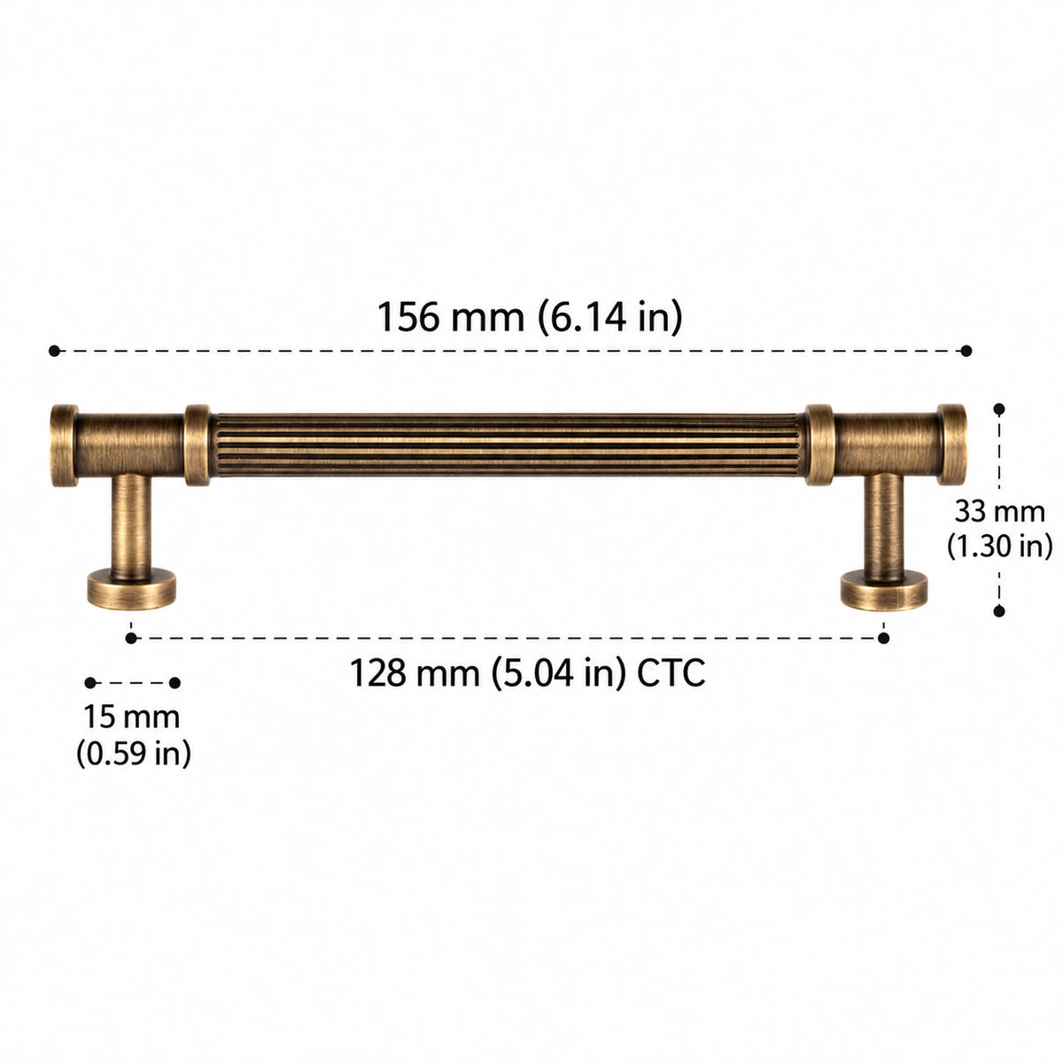 Reeded Pull — 5.04″ (128 mm) CTC — inch and mm dimension chart