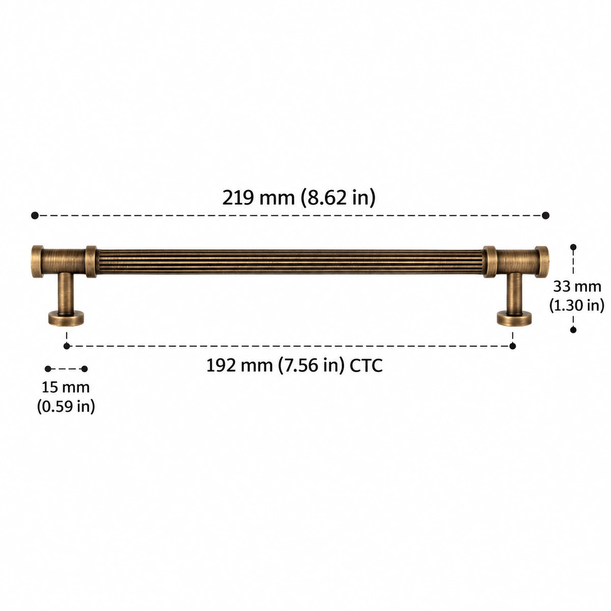 Reeded Pull — 7.56″ (192 mm) CTC — inch and mm dimension chart