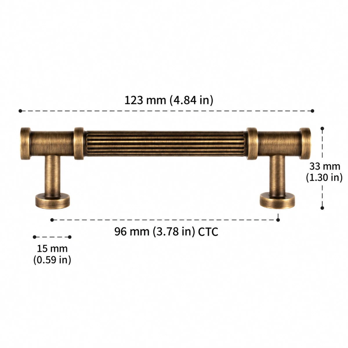 Reeded Pull — 3.78″ (96 mm) CTC — inch and mm dimension chart