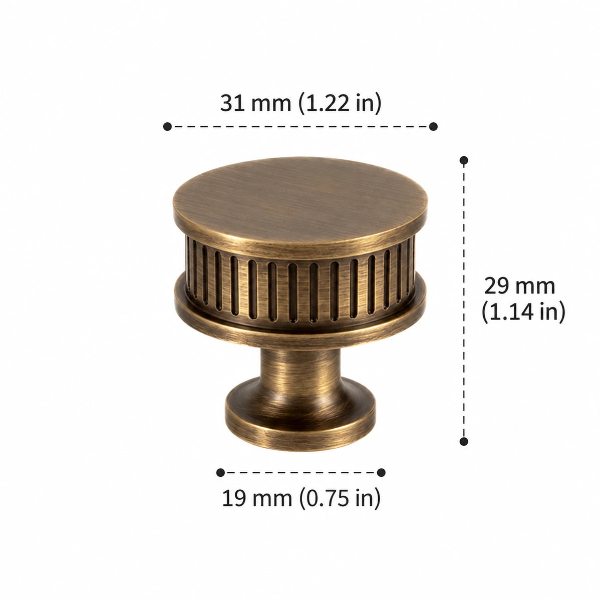 Reeded Drum Knob — 1.22″ (31 mm) Diameter — inch and mm dimension chart