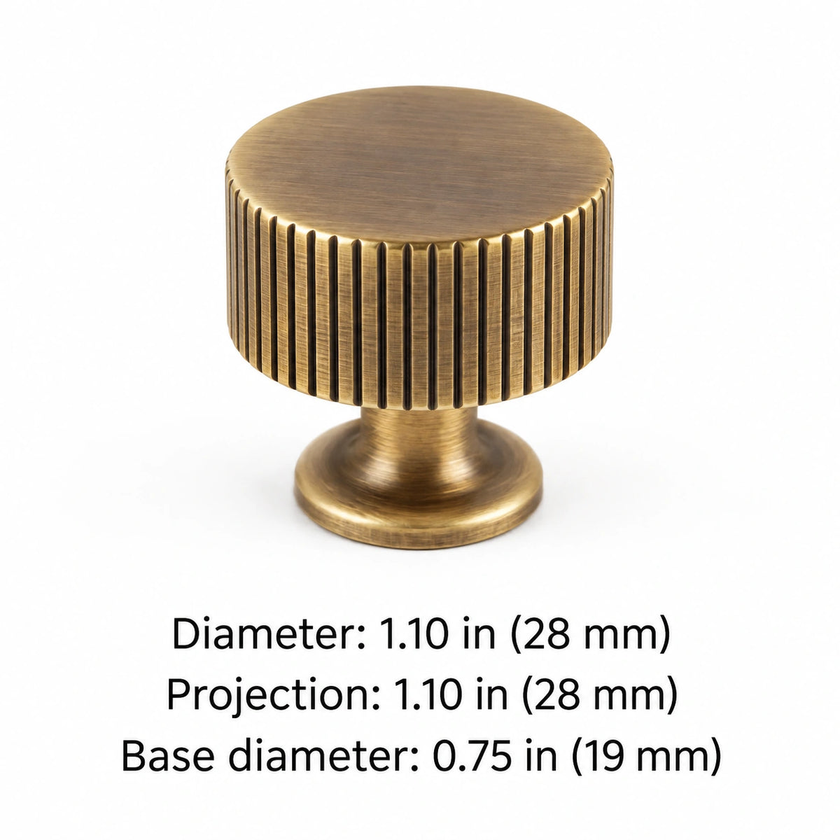 Reeded cabinet knob dimensions: 1.10 in (28 mm) diameter