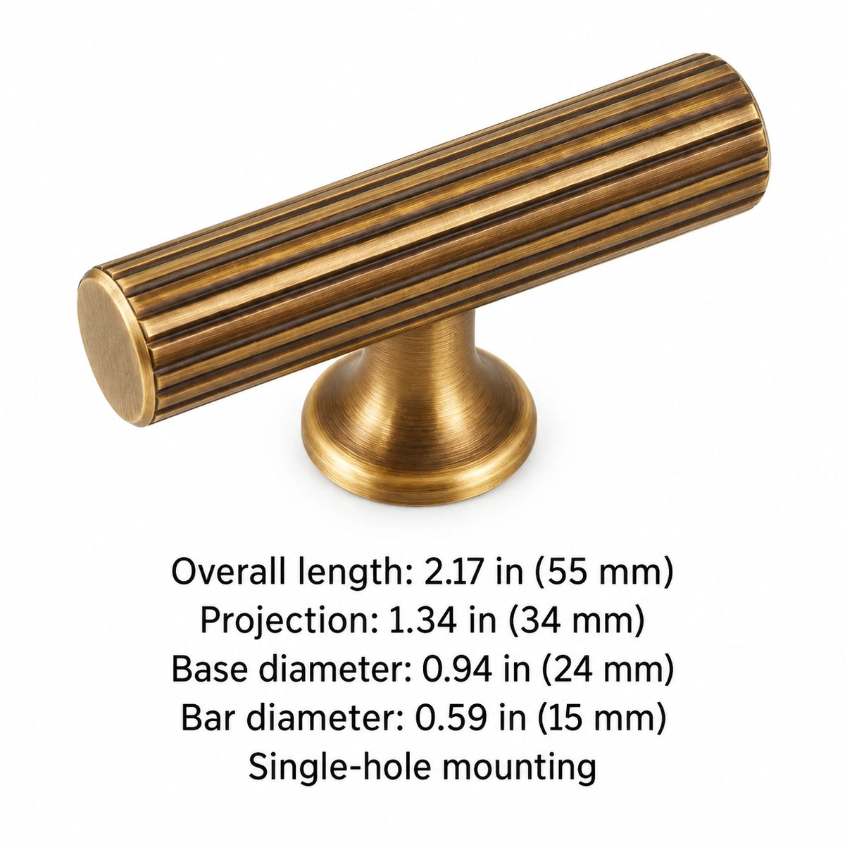 Antique brass T-knob dimensions: 2.17 in (55 mm) length