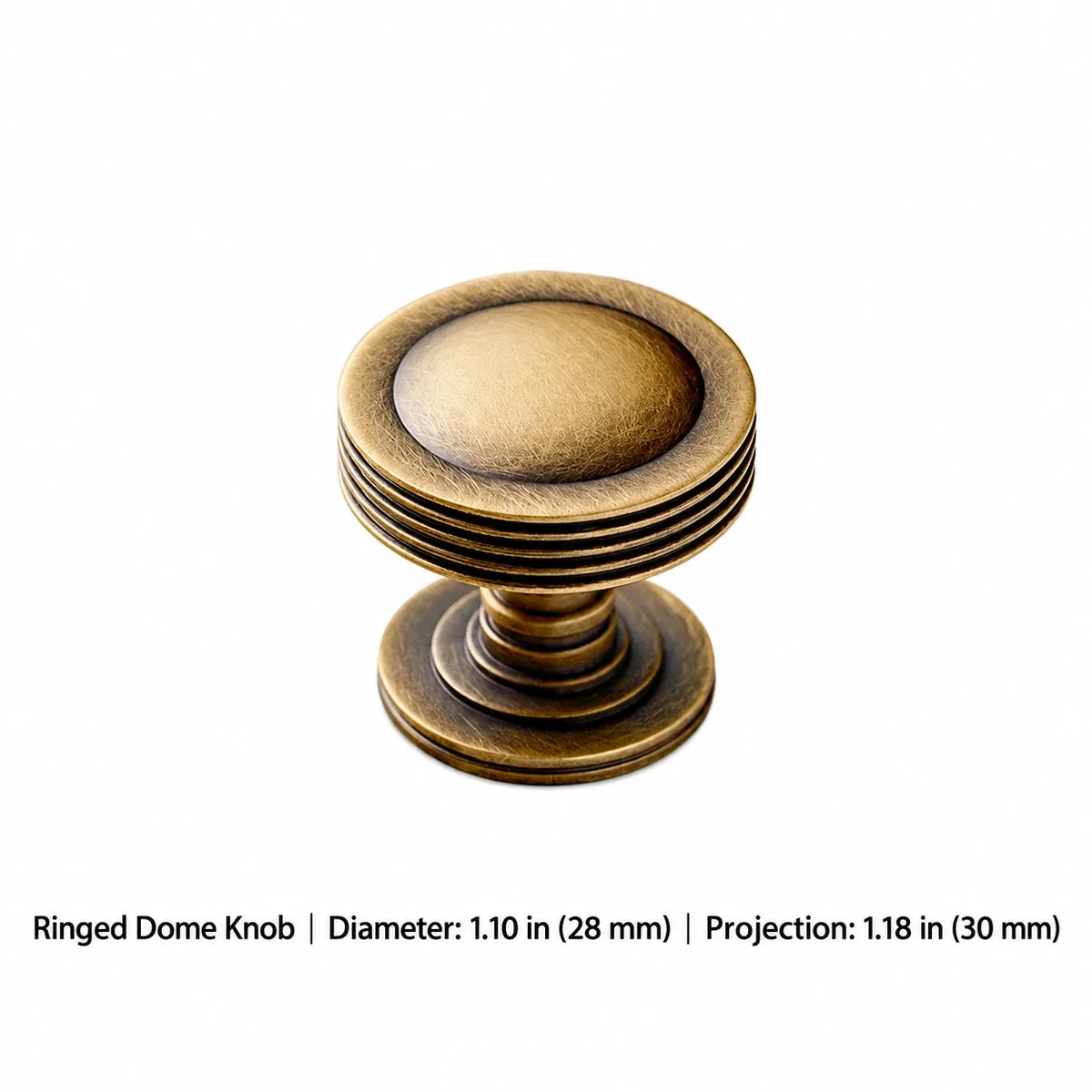 Antique brass ringed dome knob with 28 mm diameter and 30 mm projection, dimensions in inches and mm