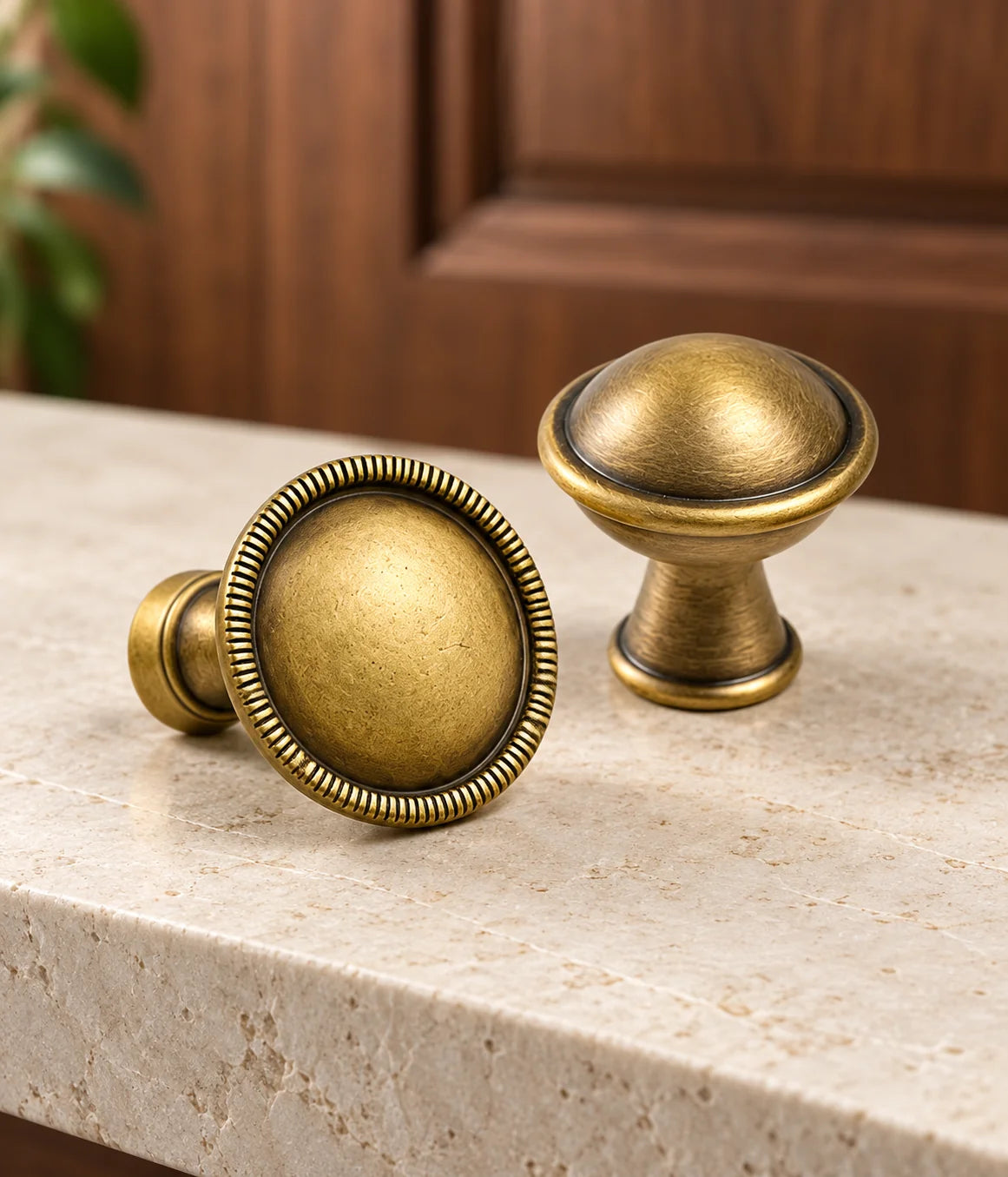 Close comparison of ribbed and smooth rims on antique brass domed cabinet knobs