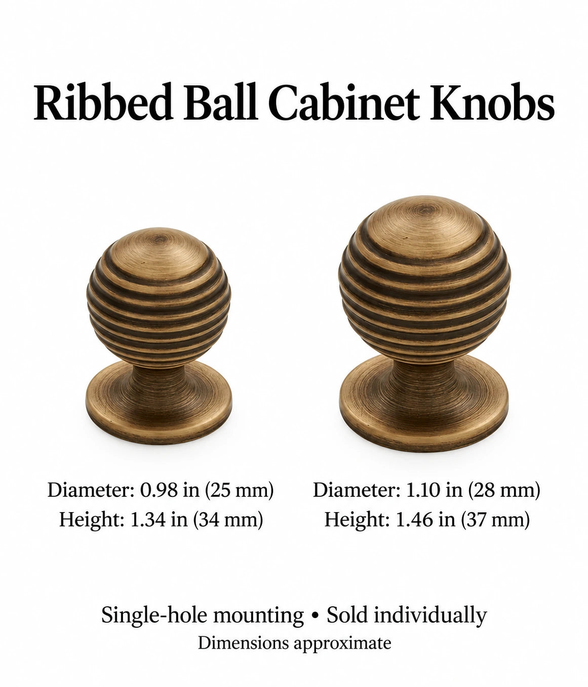 Ribbed ball knob diameter and height guide in inches and mm