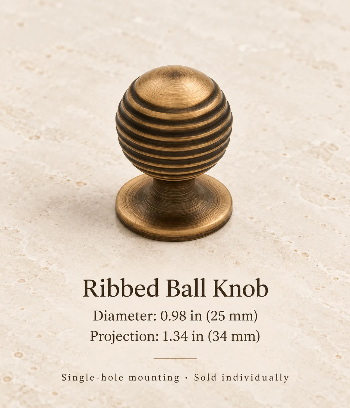 Antique brass ribbed ball knob, 0.98 in (25 mm) diameter