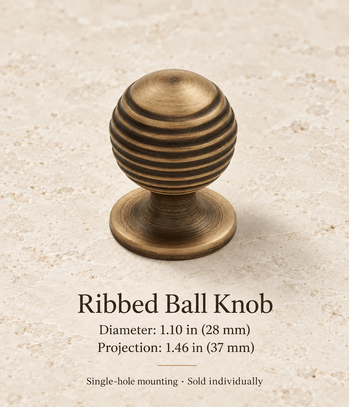 Antique brass ribbed ball knob, 1.10 in (28 mm) diameter