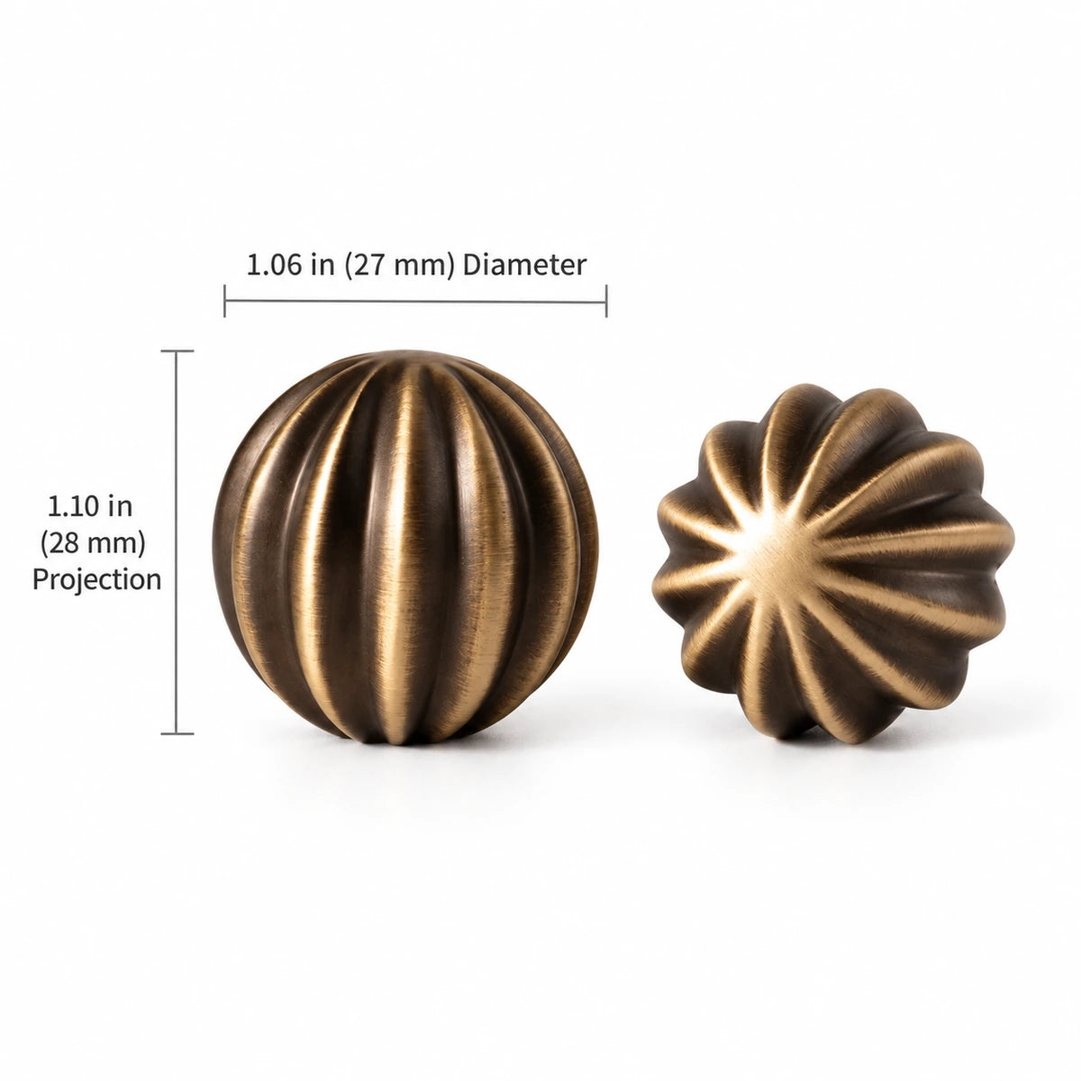 Fluted Knob — 1.06″ (27 mm) Diameter — overall 1.06″ (27 mm), projection 1.10″ (28 mm)