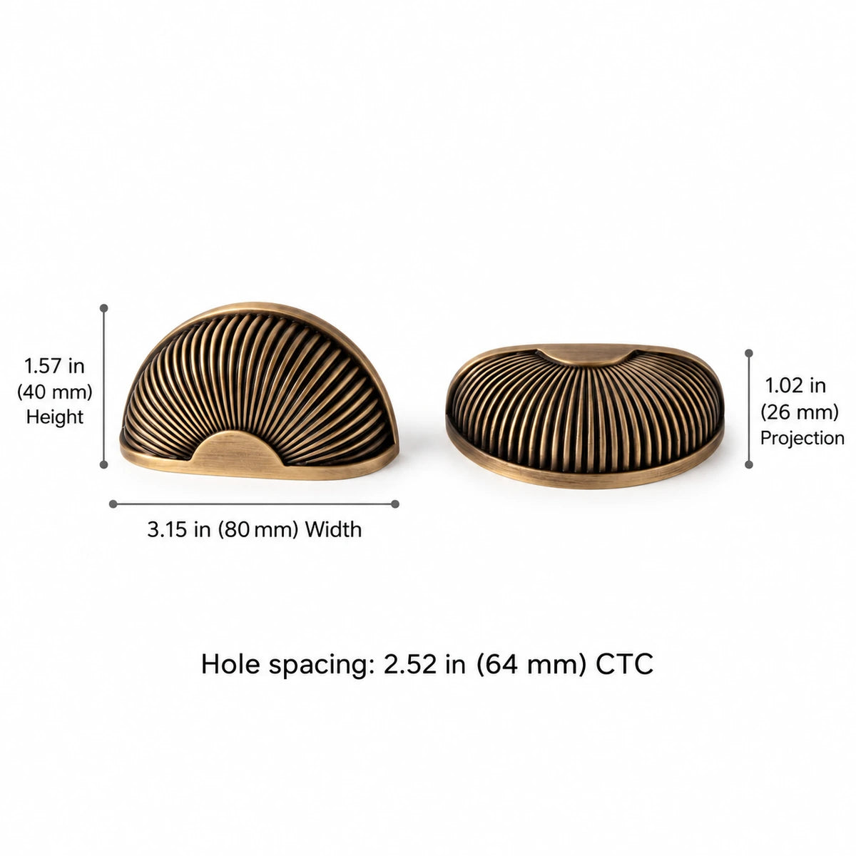 Ribbed Cup Pull — 2.52″ (64 mm) CTC — overall 3.15″ (80 mm), projection 1.02″ (26 mm), face height 1.57″ (40 mm)