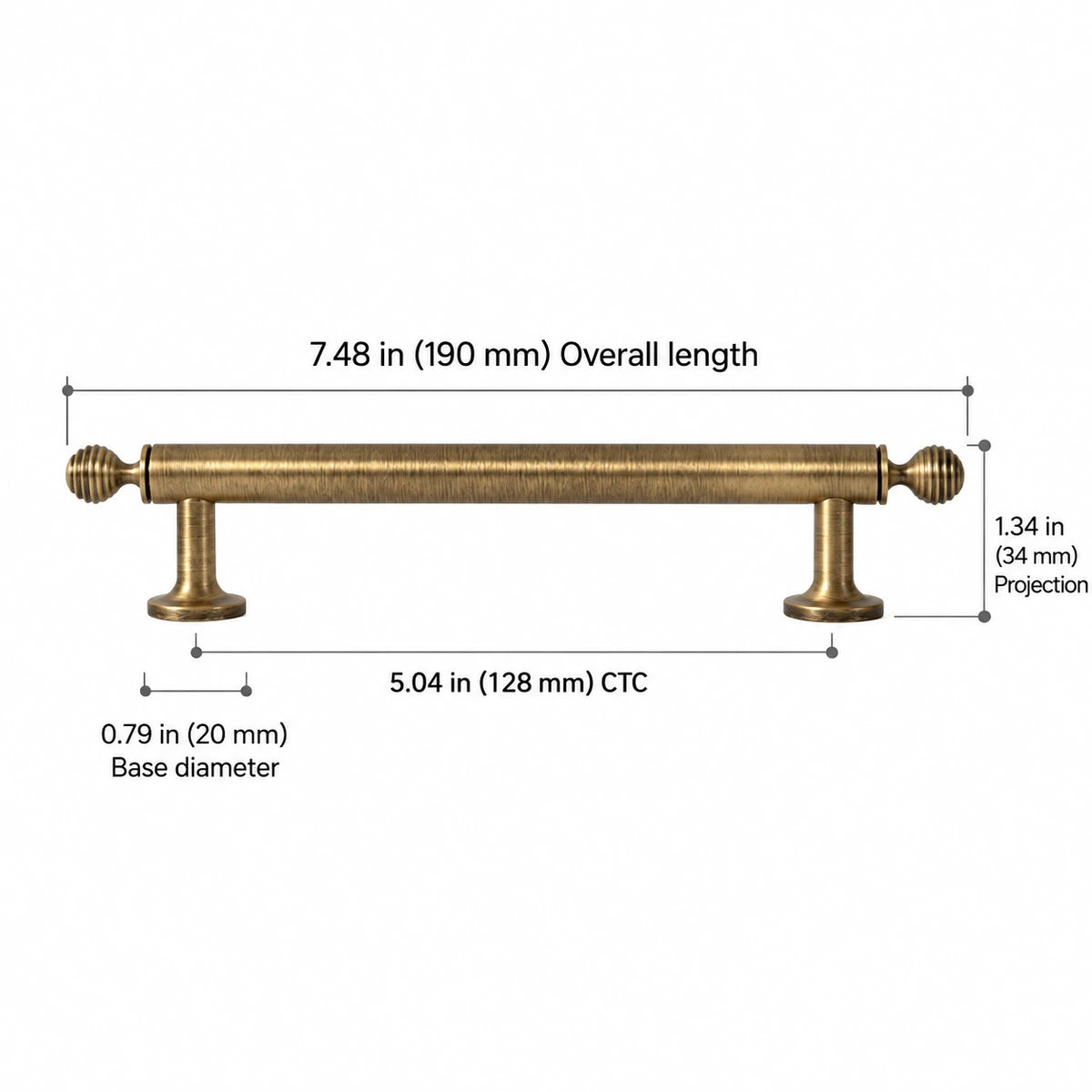 Ribbed-Finial Pull — 5.04″ (128 mm) CTC — overall 7.48″ (190 mm), projection 1.34″ (34 mm), base diameter 0.79″ (20 mm)