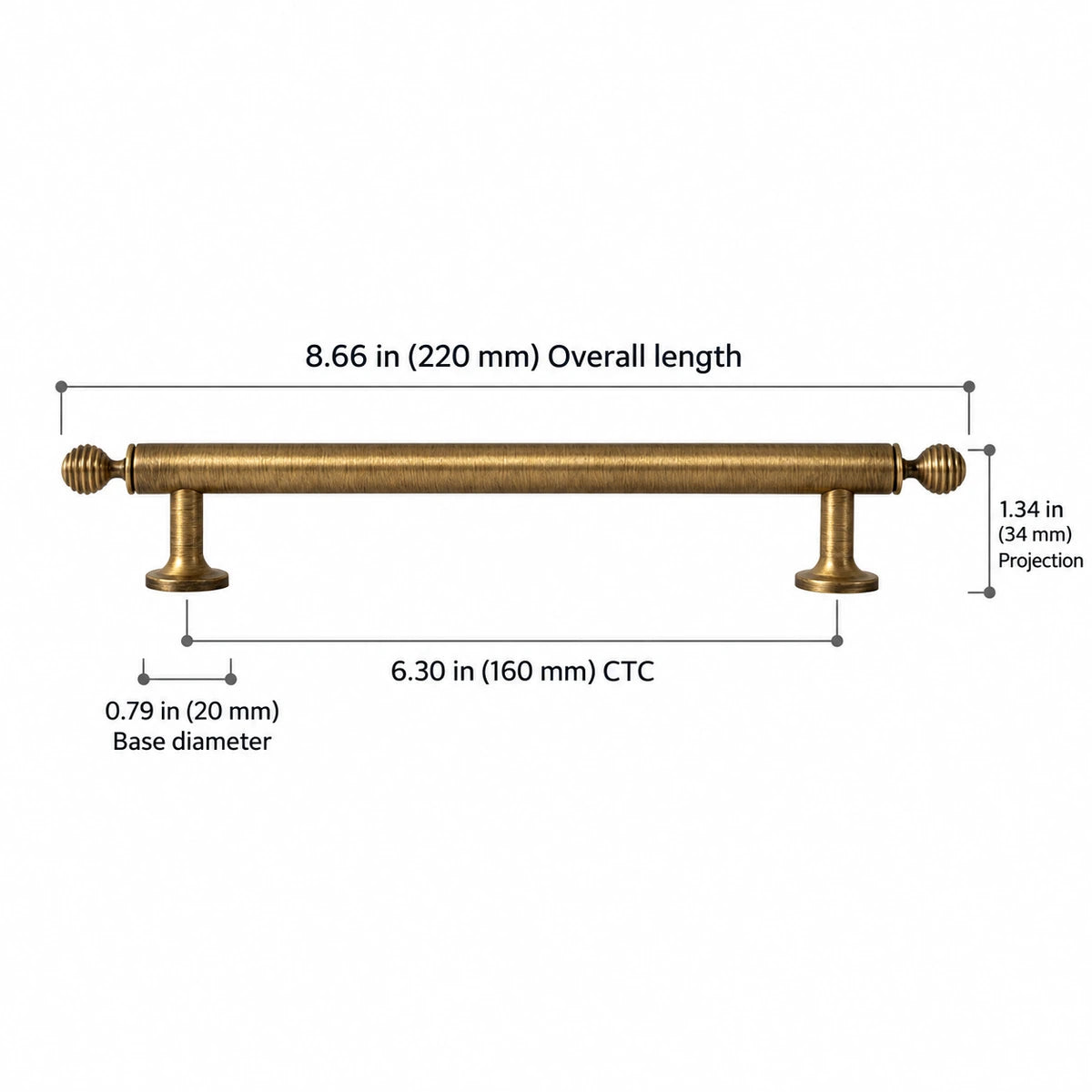 Ribbed-Finial Pull — 6.30″ (160 mm) CTC — overall 8.66″ (220 mm), projection 1.34″ (34 mm), base diameter 0.79″ (20 mm)