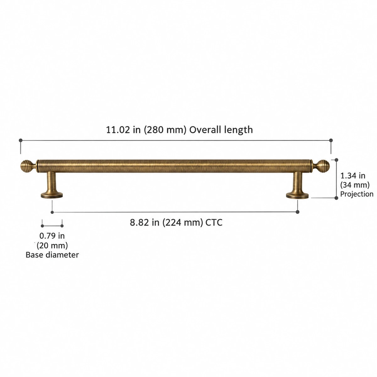 Ribbed-Finial Pull — 8.82″ (224 mm) CTC — overall 11.02″ (280 mm), projection 1.34″ (34 mm), base diameter 0.79″ (20 mm)