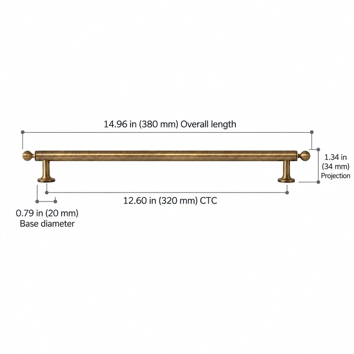 Ribbed-Finial Pull — 12.60″ (320 mm) CTC — overall 14.96″ (380 mm), projection 1.34″ (34 mm), base diameter 0.79″ (20 mm)