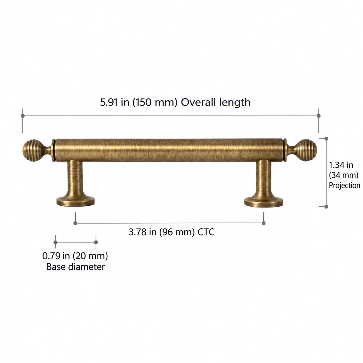 Ribbed-Finial Pull — 3.78″ (96 mm) CTC — overall 5.91″ (150 mm), projection 1.34″ (34 mm), base diameter 0.79″ (20 mm)