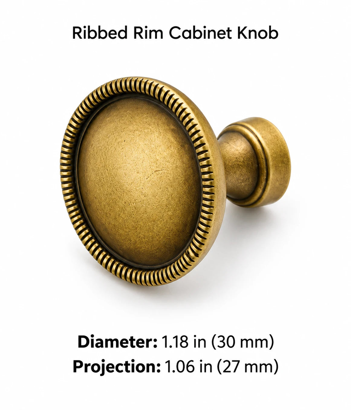 Ribbed Rim antique brass knob, 30 mm diameter and 27 mm projection, with inch measurements