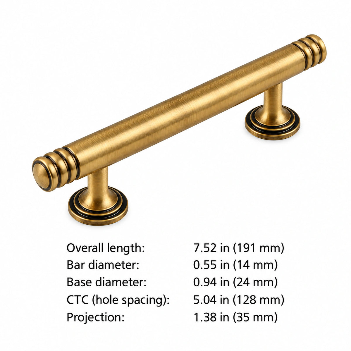 Ring-Cap Pull — 5.04 in (128 mm) CTC dimensions in inches and millimeters